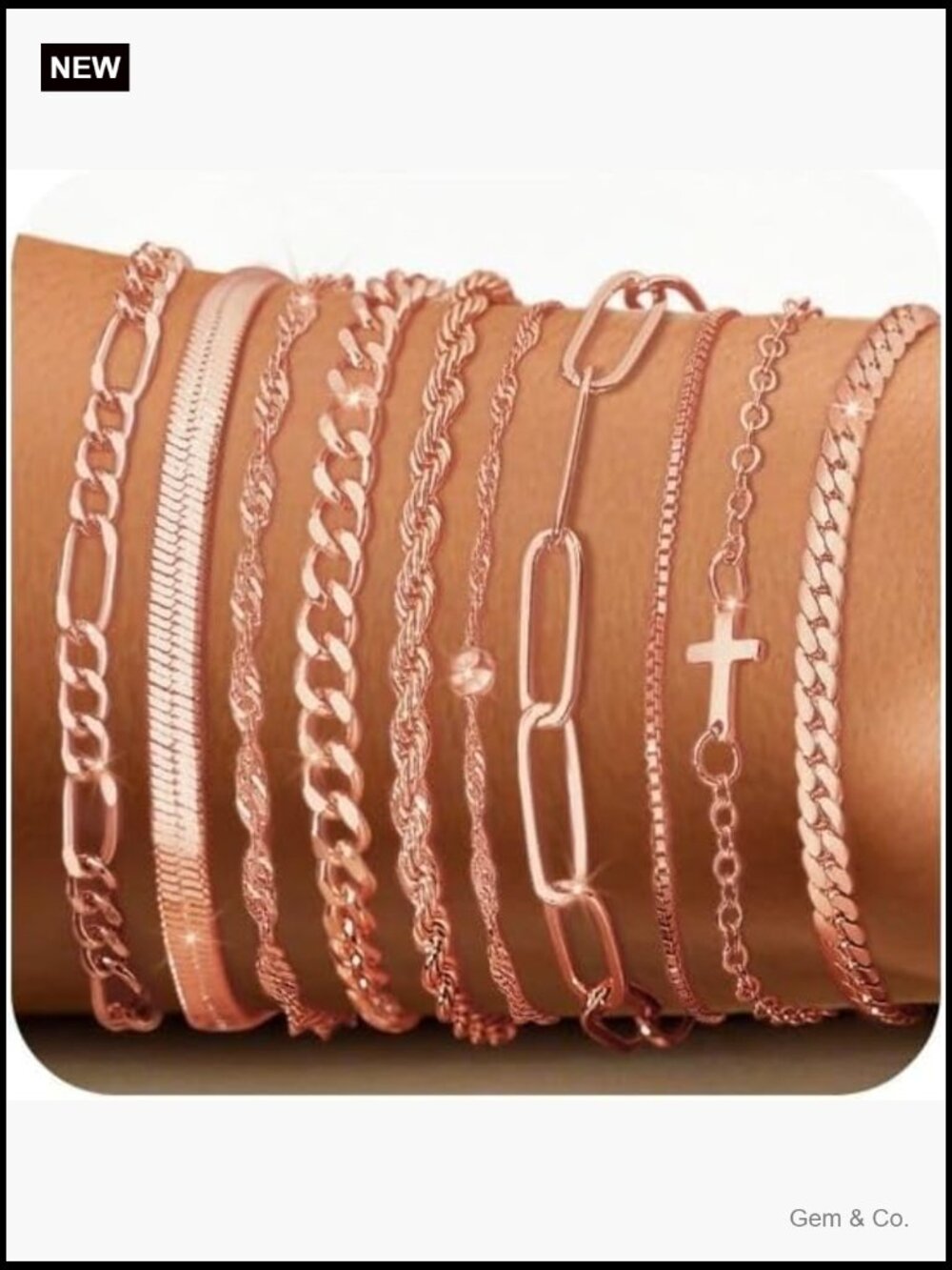 10pc 14K Gold Plated Stackable Bracelet Set Adjustable Chain Link